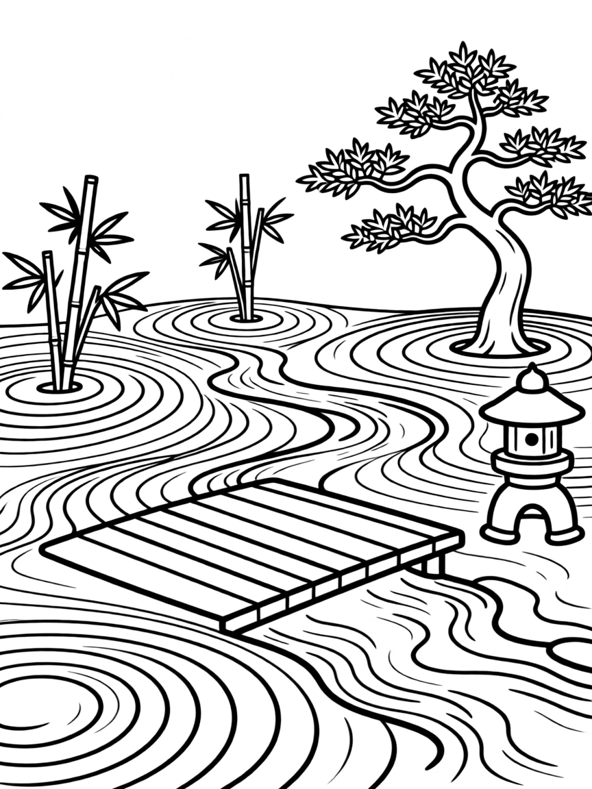 A Zen garden with raked sand and minimal plants