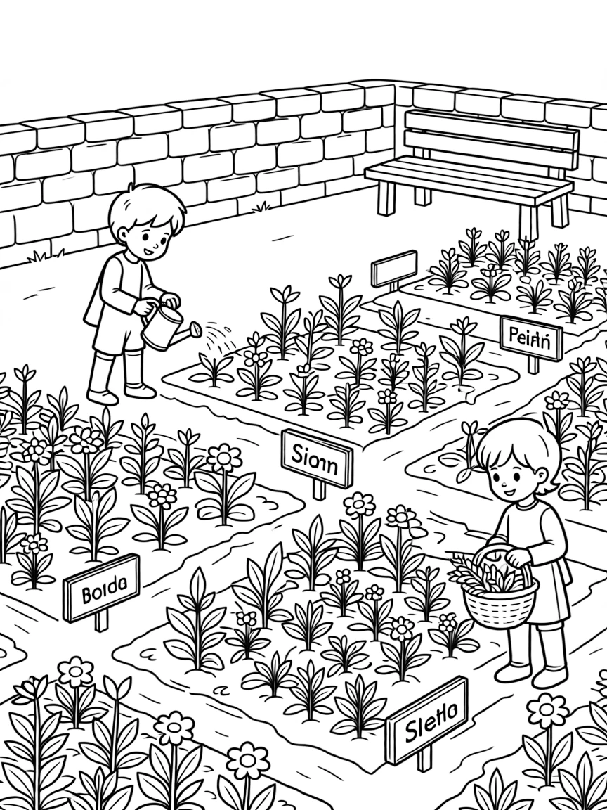 A medieval herb garden with labeled sections