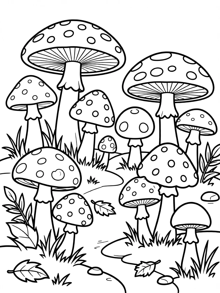 Mushrooms and toadstools on a forest floor