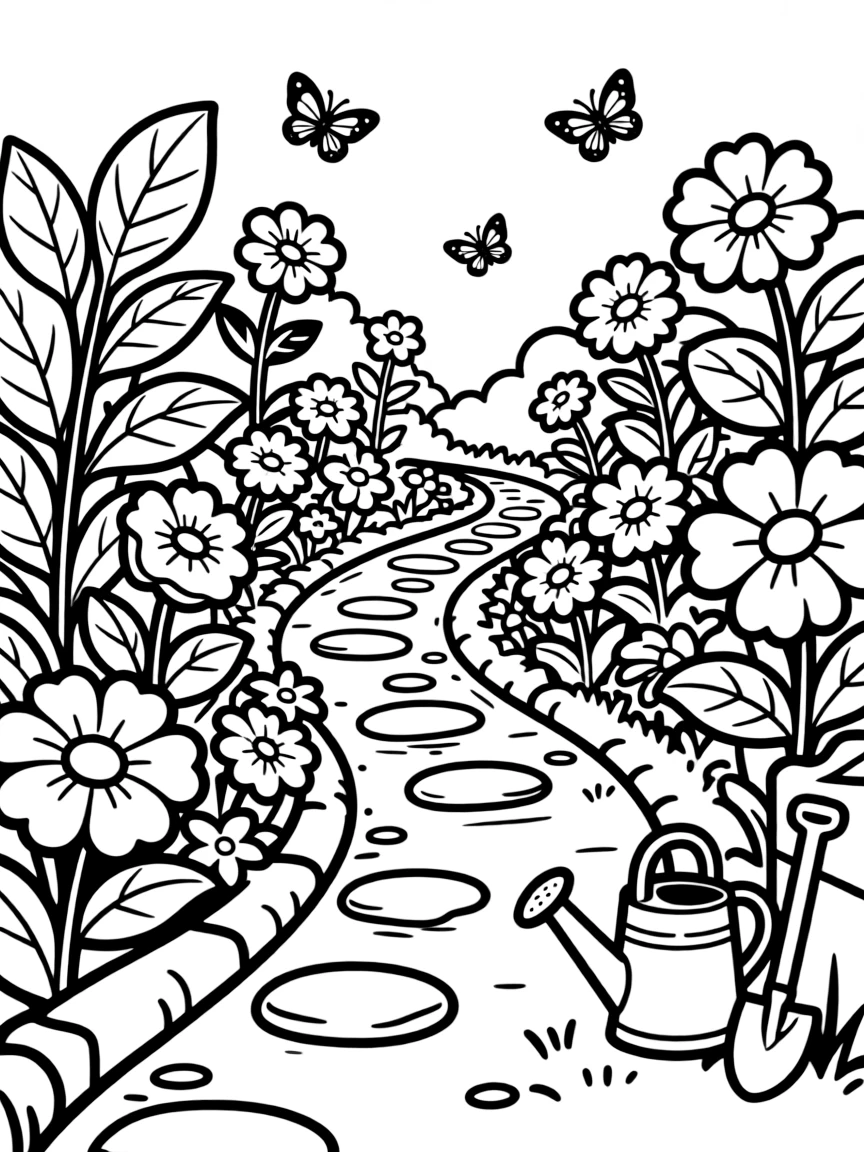 A cottage garden pathway with plants overflowing