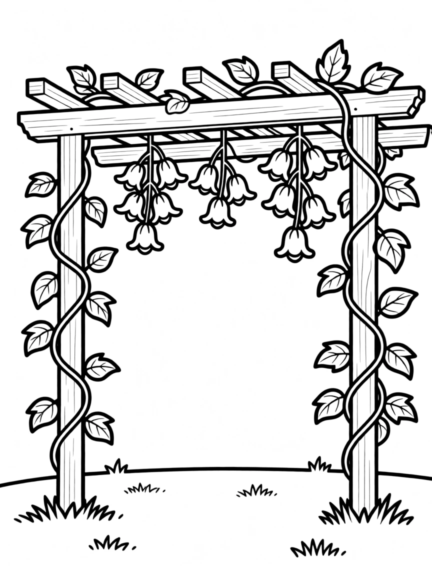 Vines growing on a pergola with hanging flowers