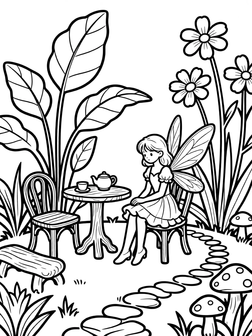 A fairy garden with miniature furniture among plants