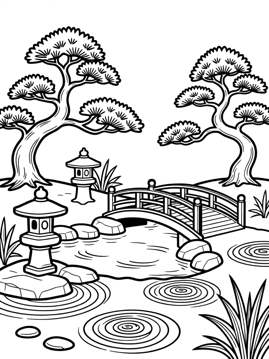 A Japanese garden with carefully pruned plants
