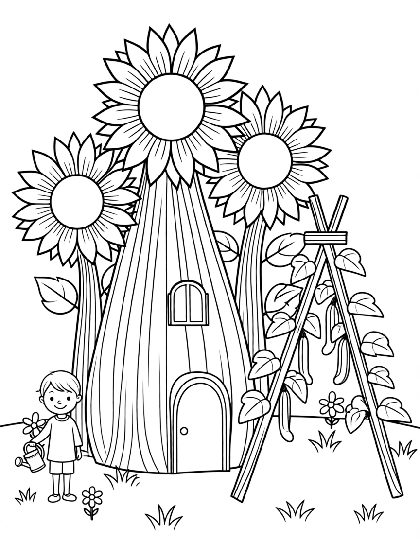 A child's garden with sunflower house and bean teepee