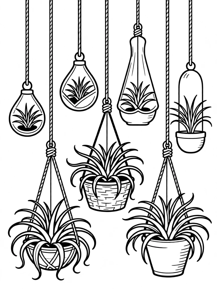 A collection of air plants in hanging displays