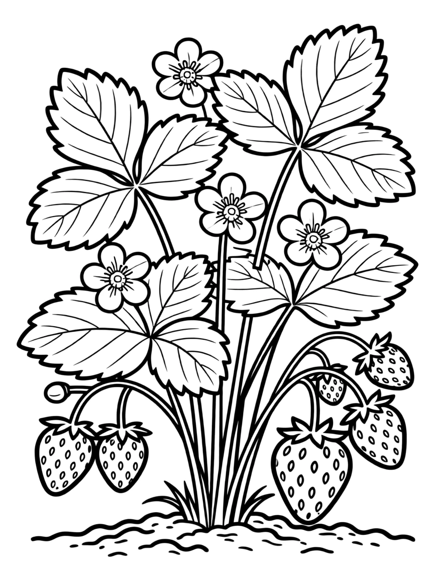 Strawberry plants with flowers, unripe and ripe berries