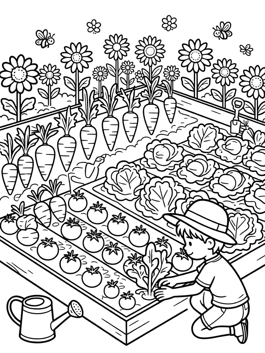 A victory garden layout with vegetables and flowers