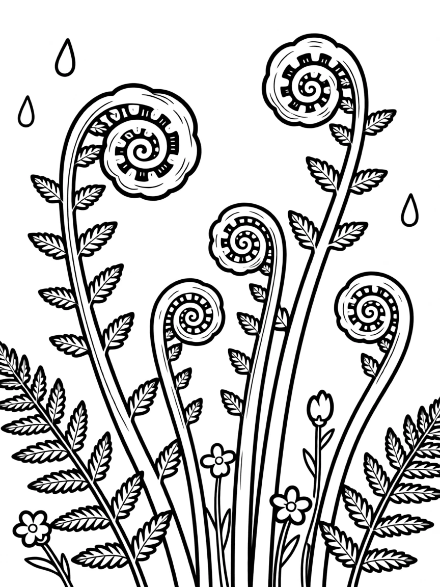 Fiddlehead ferns unfurling in spring