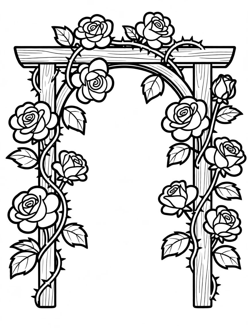 Climbing roses on an arbor with detailed thorns