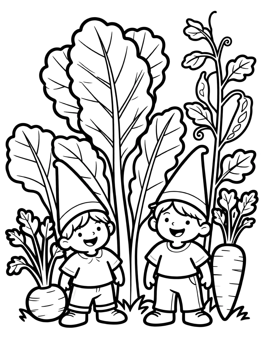 Garden gnomes hiding among vegetable plants
