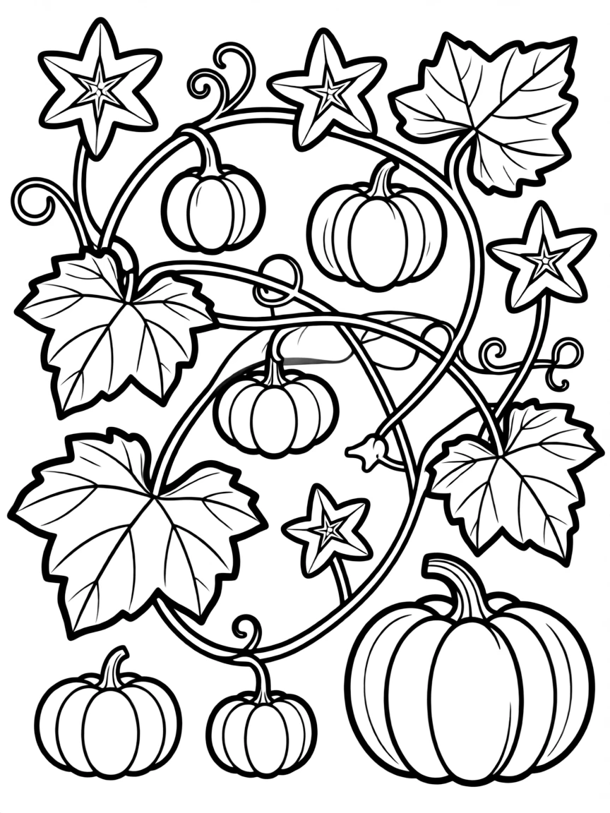 Pumpkin vines with flowers, developing and mature fruits