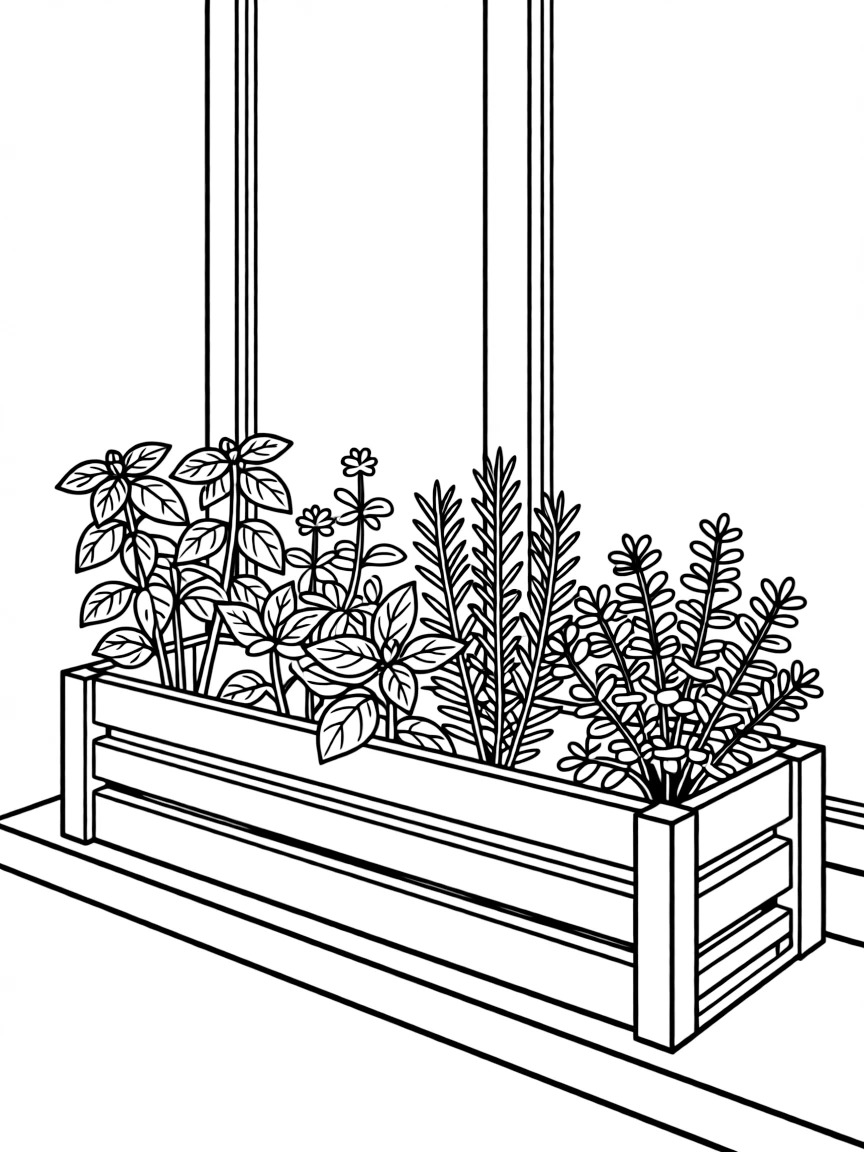 A window box herb garden with detailed plants