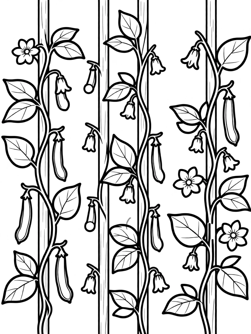 Bean plants climbing up poles with flowers and pods