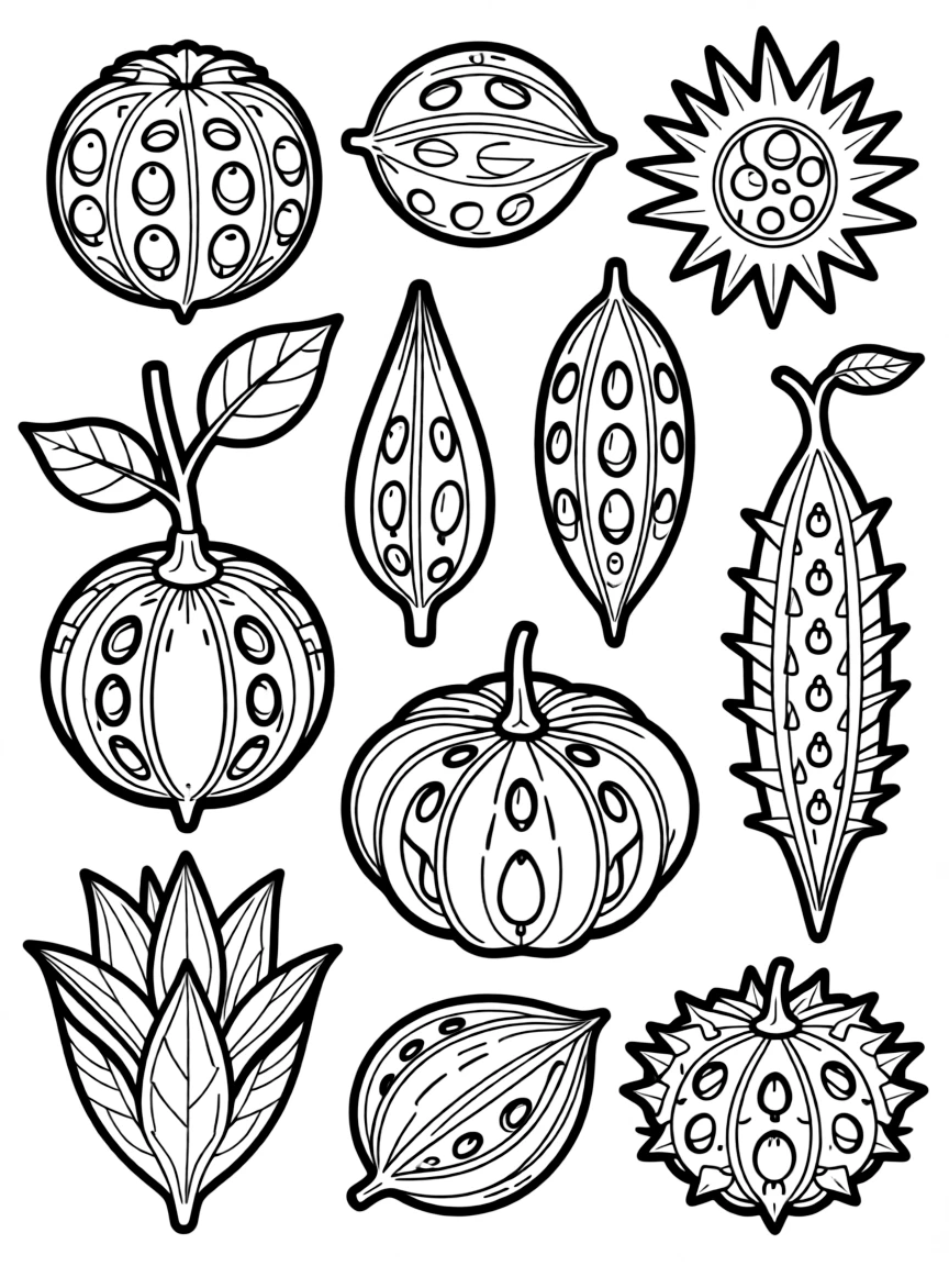 Detailed seed pod designs from various plants