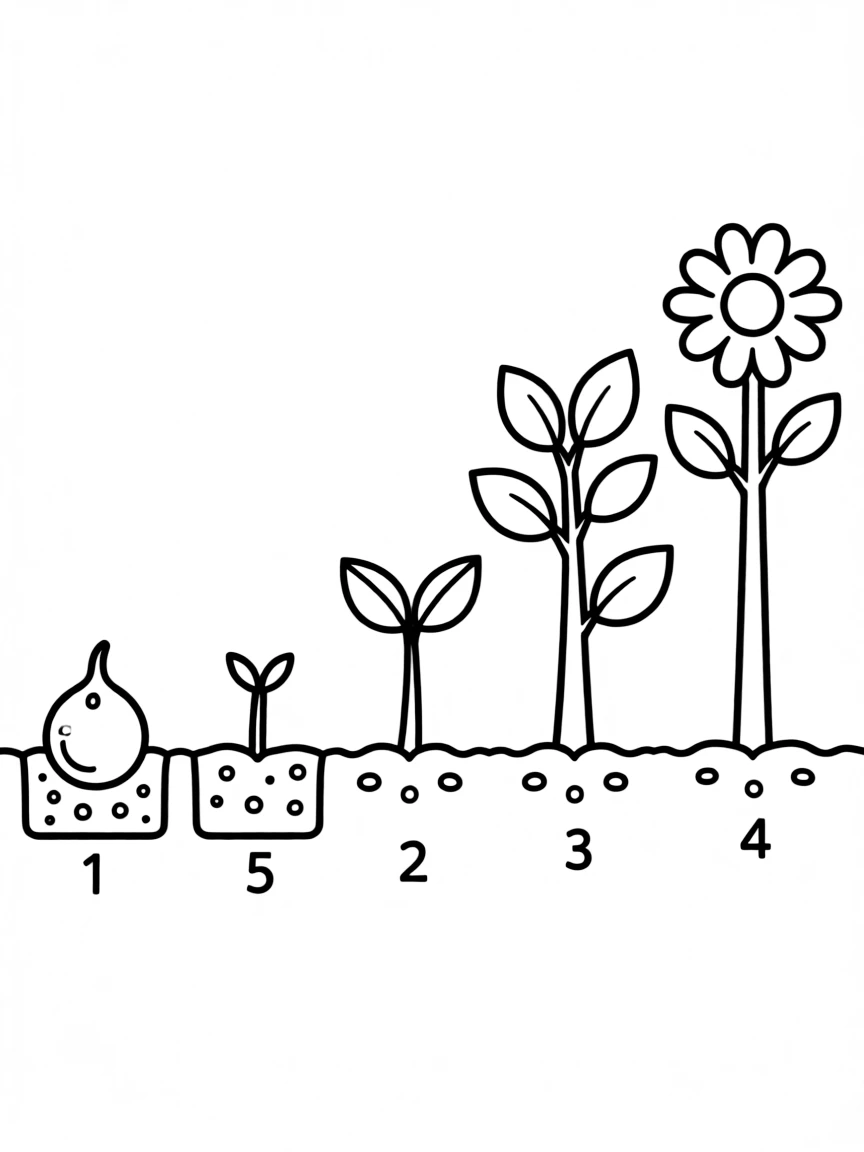 The stages of a plant growing from seed