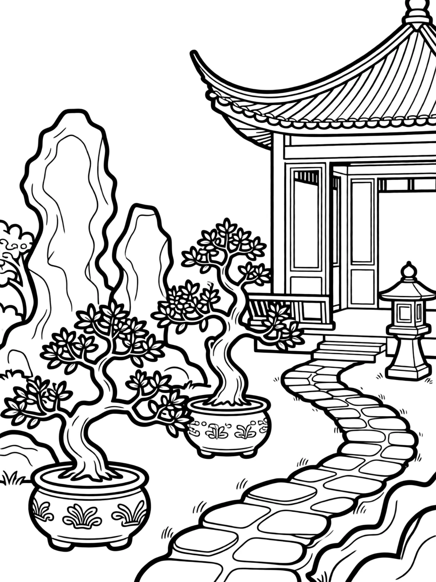 Chinese garden with bonsai and rock formations