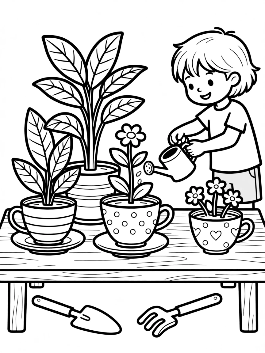 Plants growing in unusual containers like teacups