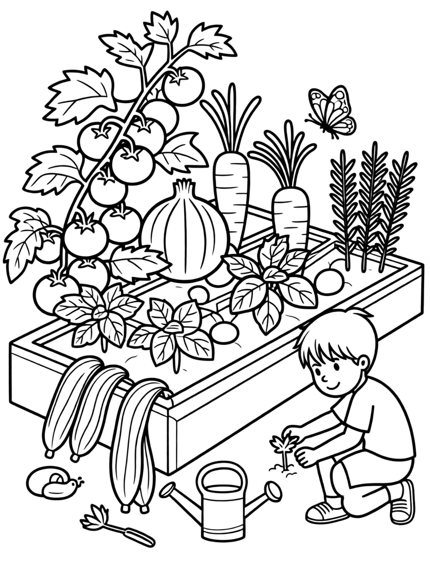 A kitchen garden with vegetables and herbs