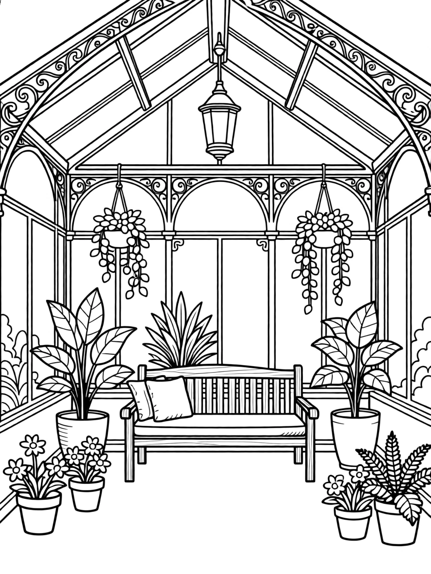 A Victorian-style conservatory filled with plants
