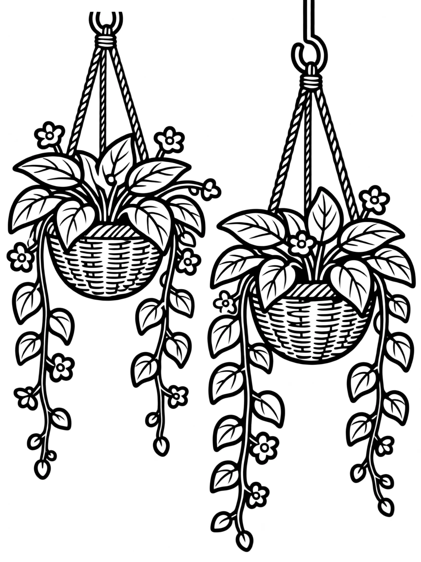 Hanging baskets overflowing with trailing plants