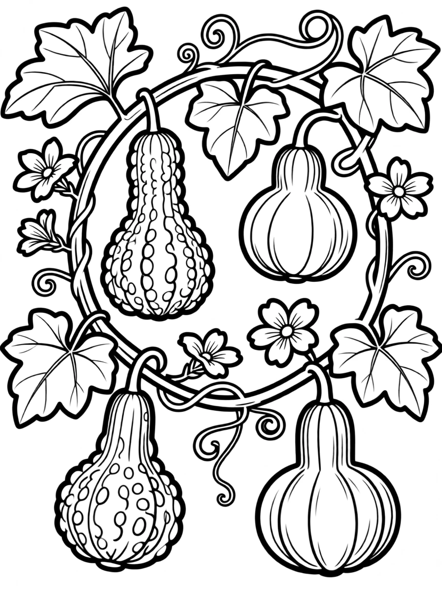 Gourds growing on vines with flowers and fruits