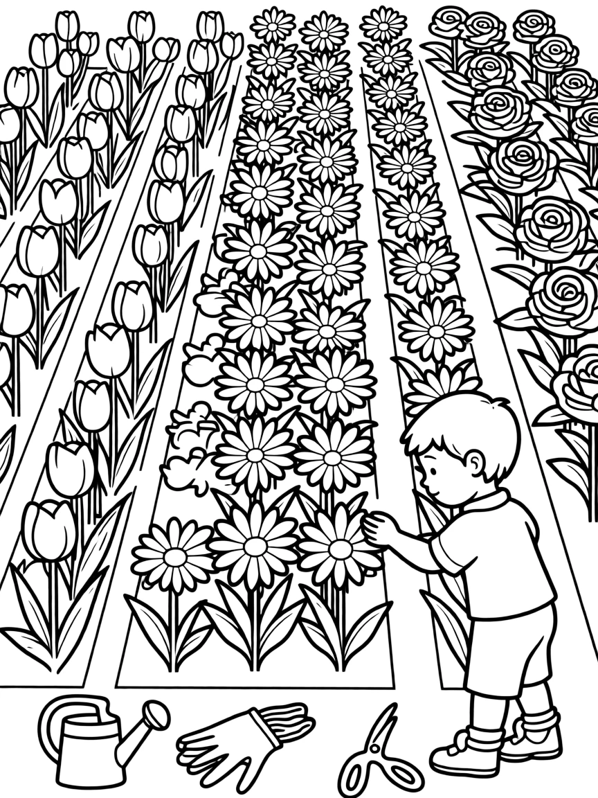 A cutting garden with rows of flowers for bouquets