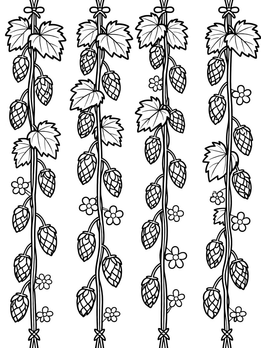 Hops growing up strings with cones and flowers