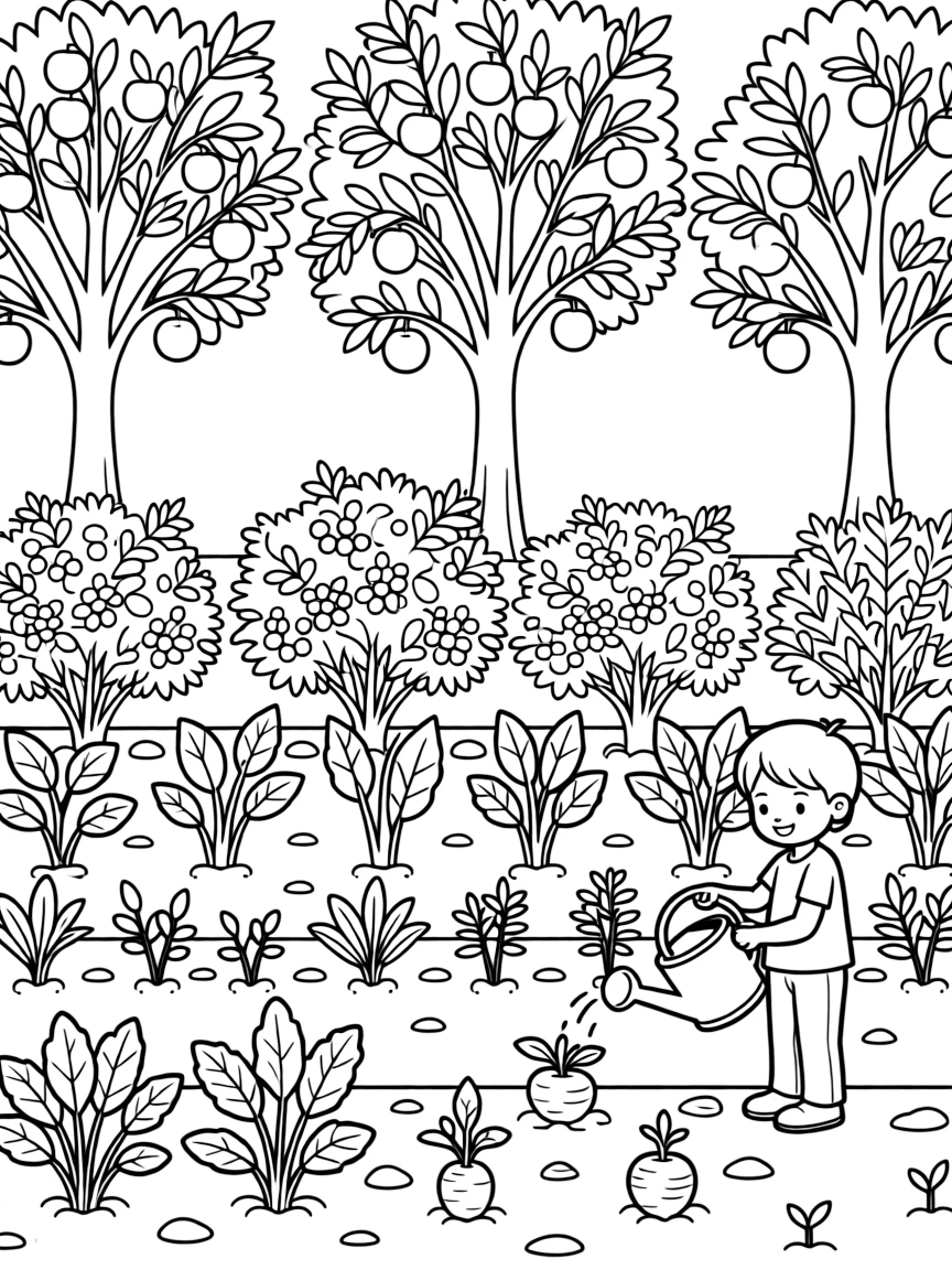 A food forest design with layers of edible plants