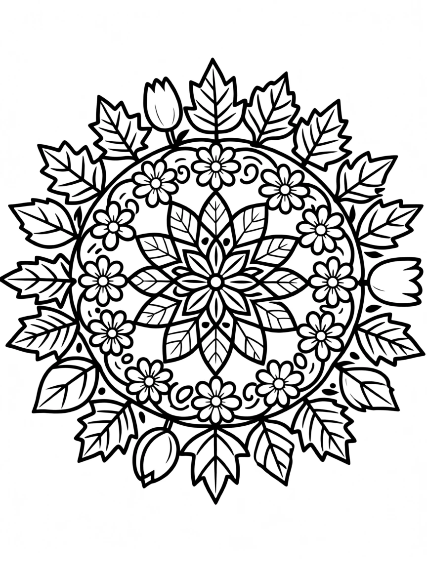 A plant mandala created from leaves and flowers