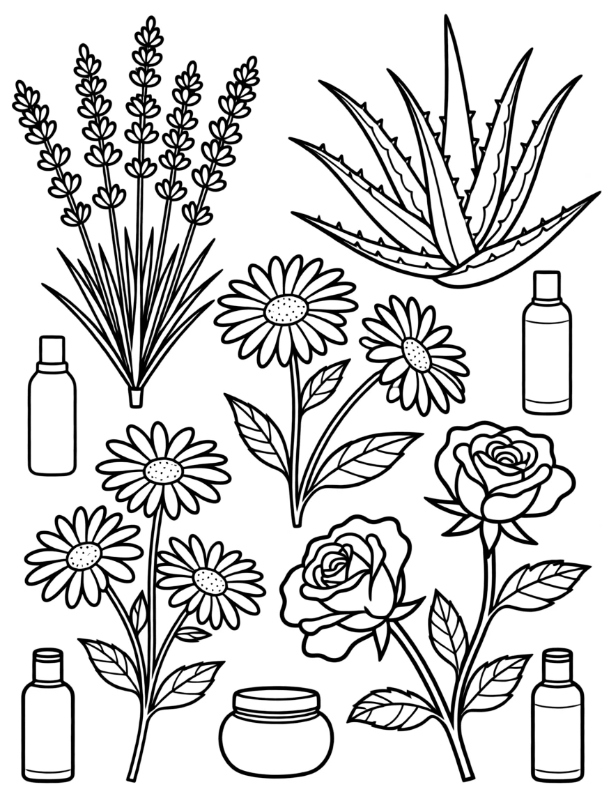 Detailed illustration of plants used in cosmetics