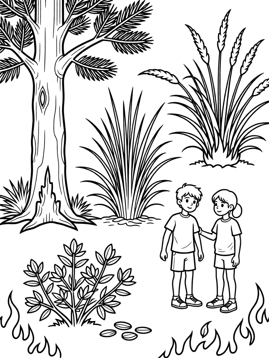 Detailed illustration of how plants survive fire