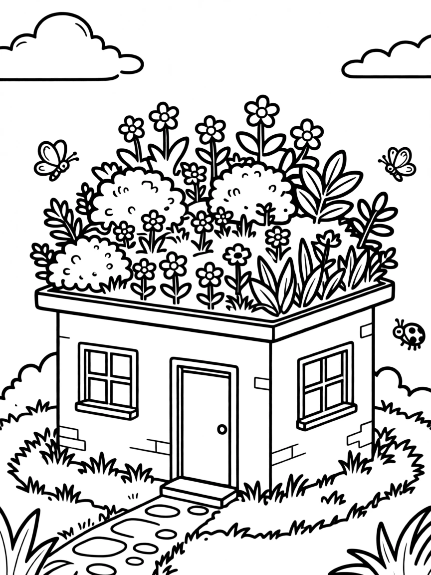Plants growing on a living roof house