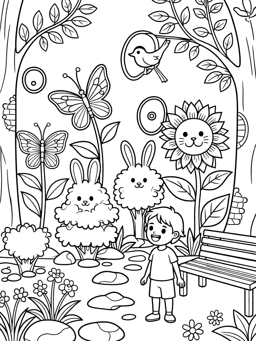 A whimsical garden with plants shaped like animals
