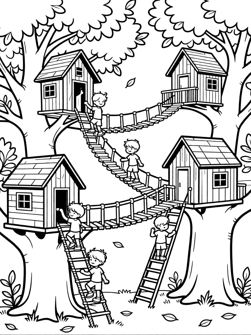 A tree house village connected by walkways