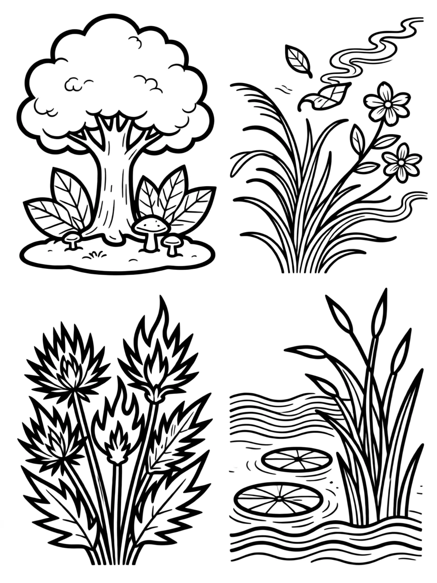 Plants arranged to represent elements (earth, air, fire, water)