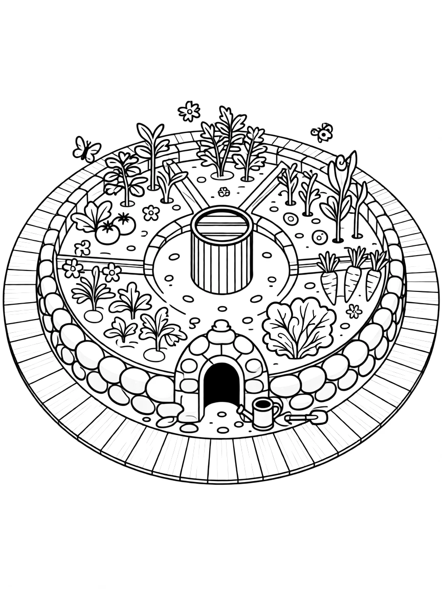 A detailed illustration of a keyhole garden design