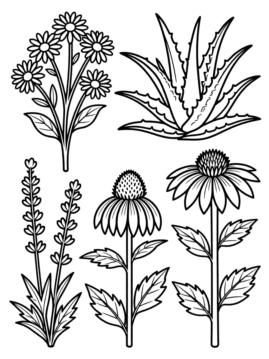 A detailed illustration of plants with medicinal properties