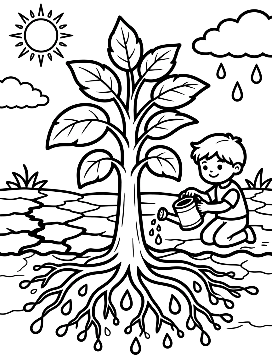 A detailed illustration of how plants survive drought