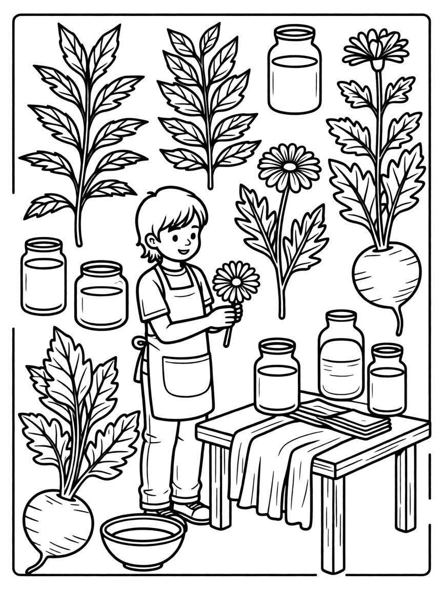 A detailed illustration of plant-based natural dyes