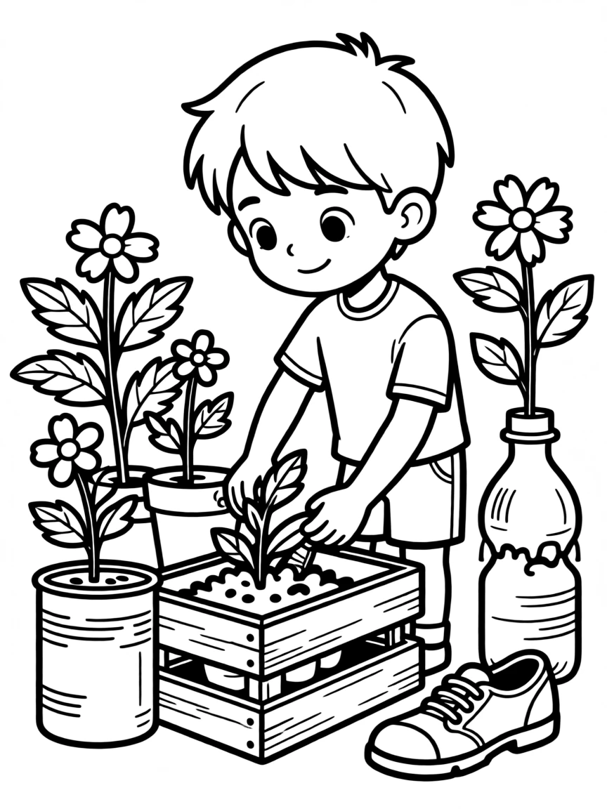 Plants growing in recycled or upcycled materials