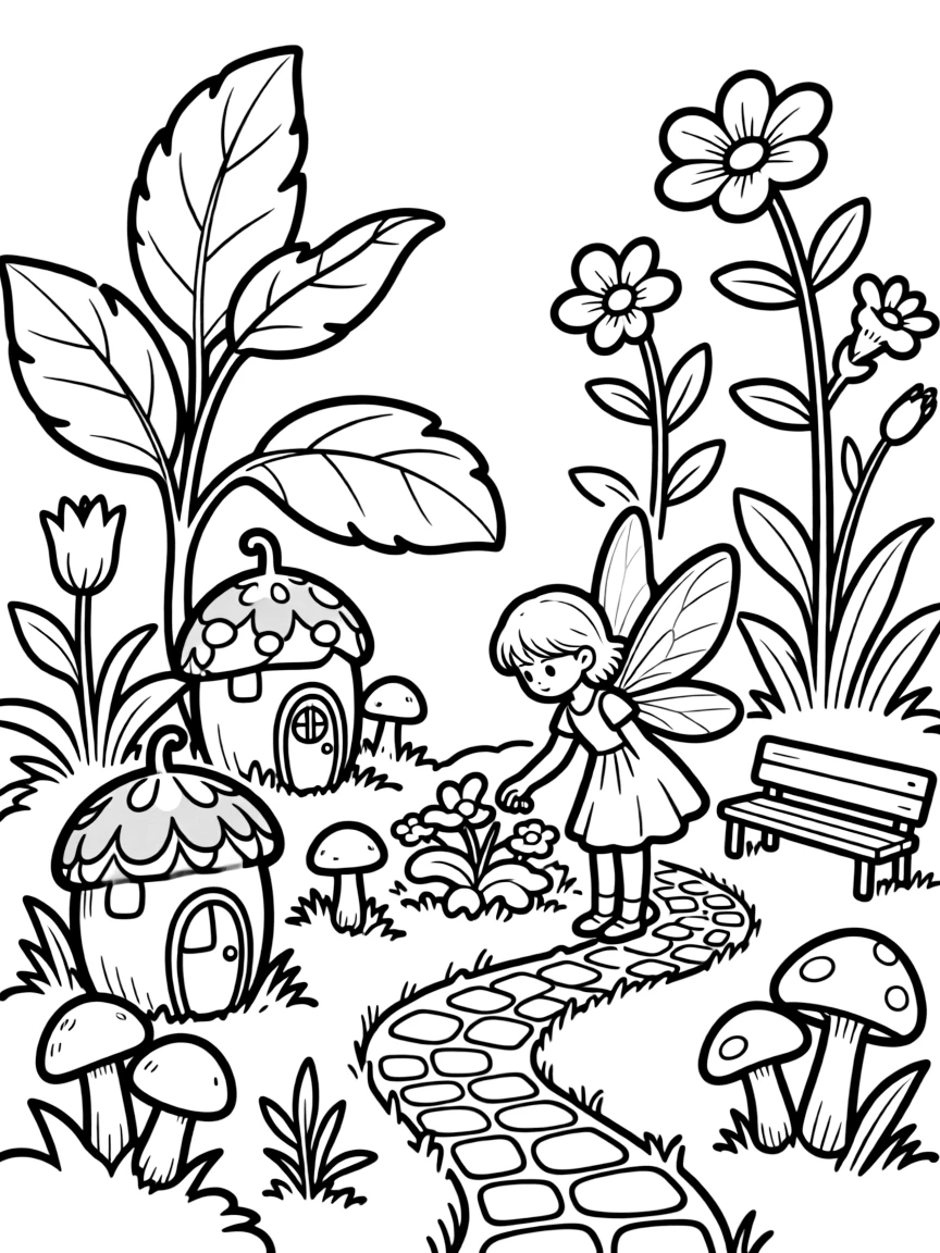 A detailed illustration of a miniature fairy garden