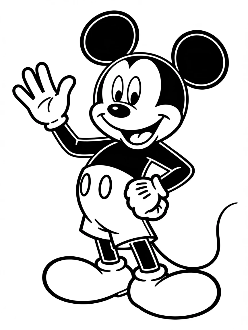 Mickey Mouse wearing his classic red shorts and yellow shoes, with his signature white gloves and cheerful smile