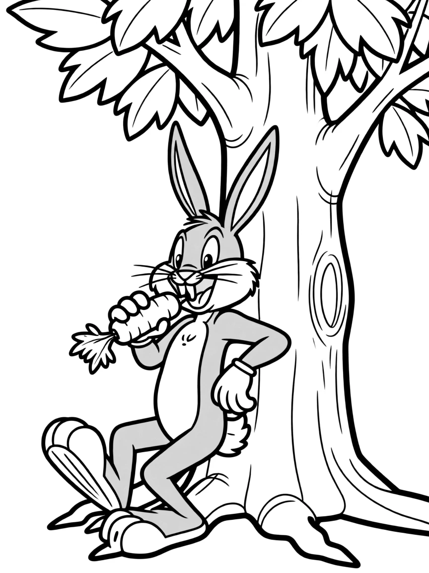 Bugs Bunny casually leaning against a tree, munching on a carrot with his relaxed demeanor