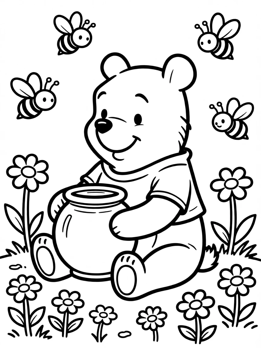 Winnie the Pooh sitting contentedly with a pot of honey, surrounded by bees and flowers