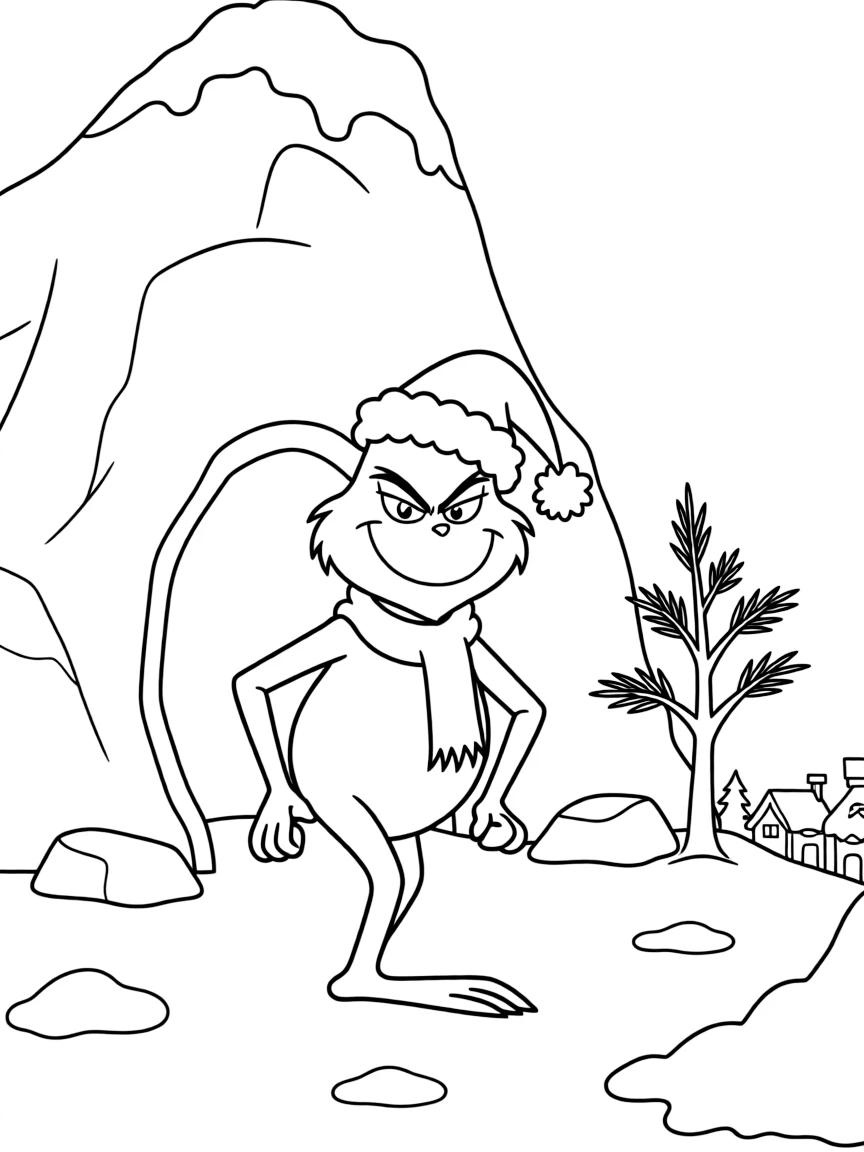 The Grinch with his mischievous smile, plotting in his mountain lair above Whoville