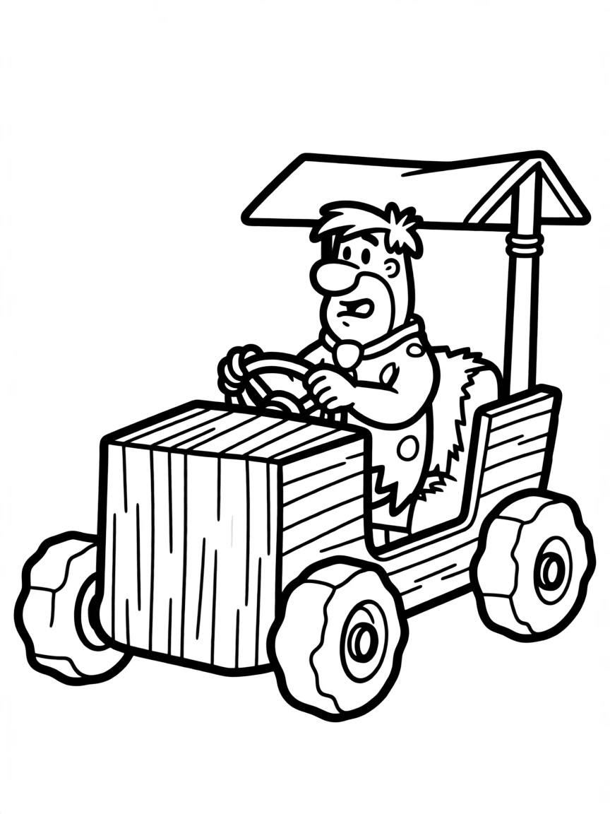 Fred Flintstone driving his foot-powered prehistoric car with a determined expression