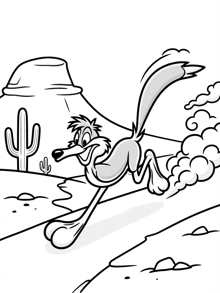 The Road Runner zooming across a desert landscape with dust clouds trailing behind