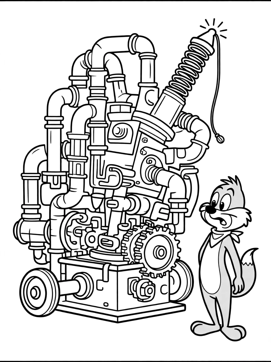 Wile E. Coyote with an ACME contraption that's clearly about to backfire