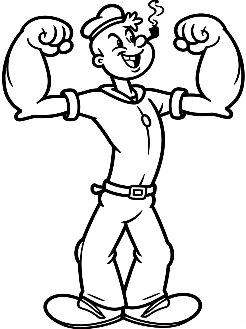 Popeye flexing his muscles after eating spinach, with his pipe and sailor hat