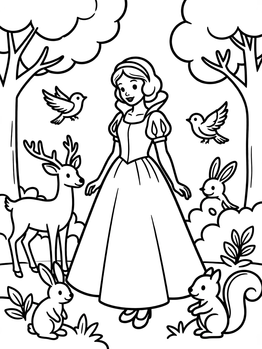 Snow White surrounded by woodland creatures in her classic yellow and blue dress